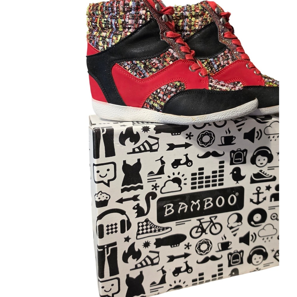 Bamboo Bethany-17 Red Black Tweed Hidden Wedge High Top Sneakers Womens 7